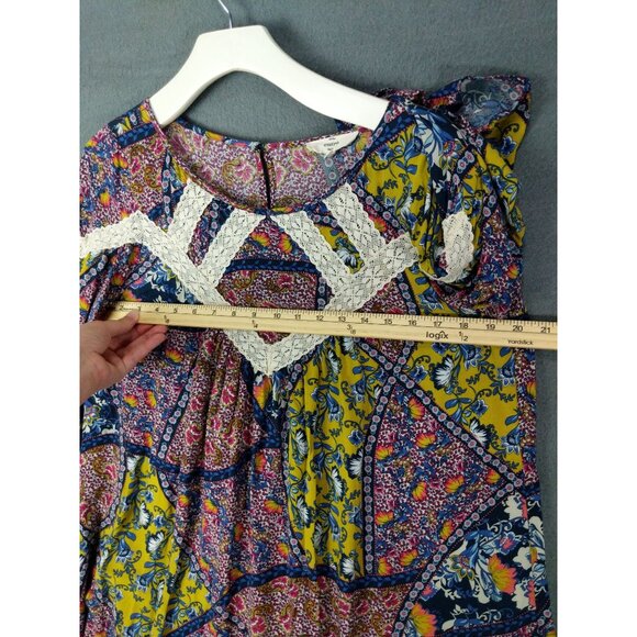 ENTRO Women Tunic Dress SZ M Patchwork Floral Lace Flare Pleated 3/4 Sleeve Boho - Picture 6 of 9